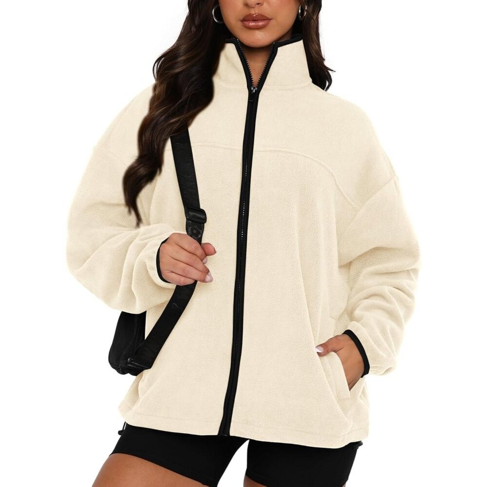 Women's Fleece Jackets Clothes Stand Collar Outwear Jacket Zip Up Fuzzy Apricot